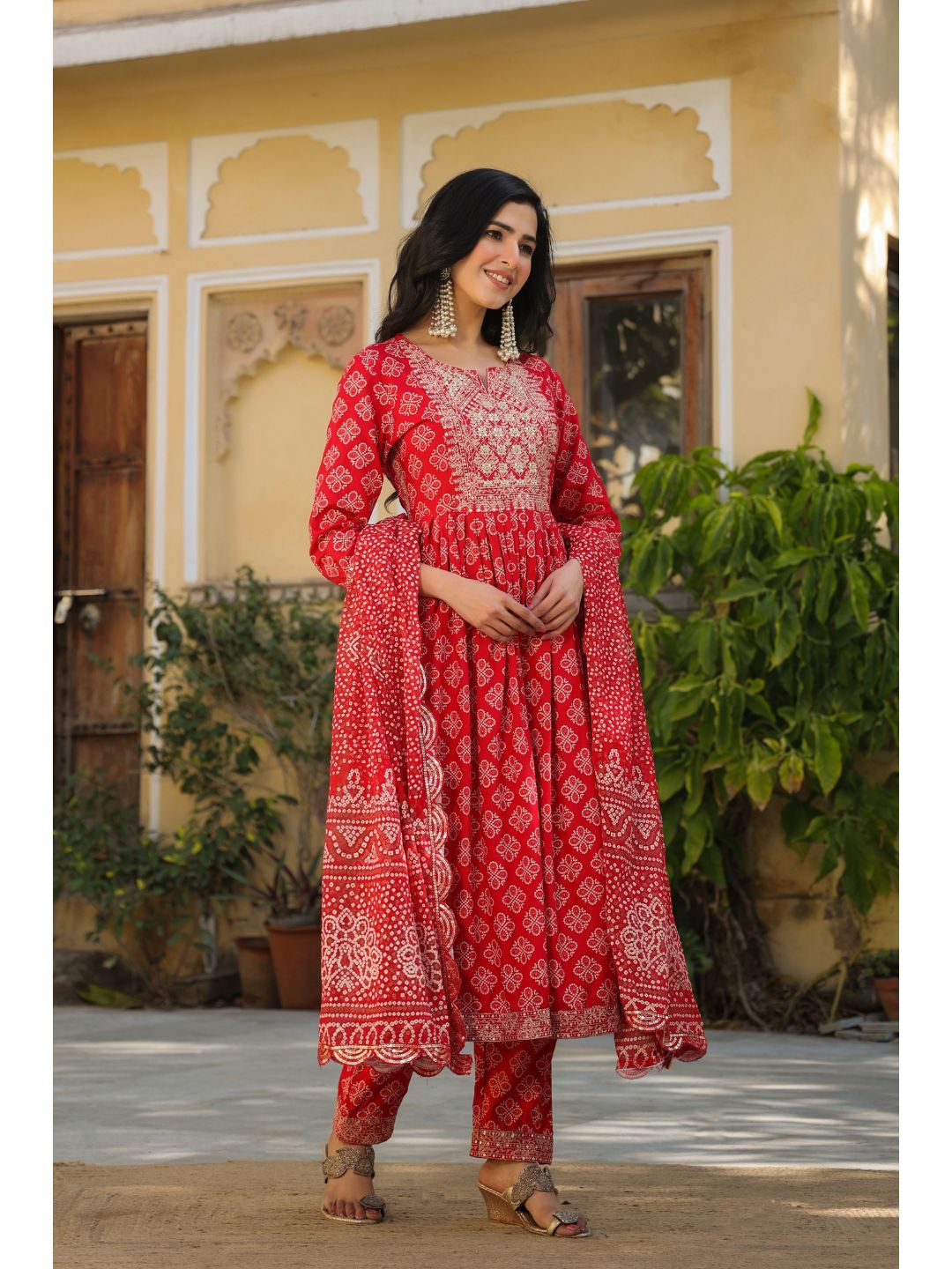 Buy LYALA FESTIVE SPECIAL RED BANDHANI SUIT SET at Amazon.in